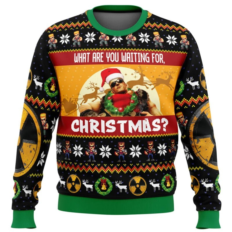 Ugly Christmas sweater with a graphic of a character in a Santa hat and sunglasses, surrounded by reindeer and text.