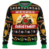 Ugly Christmas sweater with a graphic of a character in a Santa hat and sunglasses, surrounded by reindeer and text.