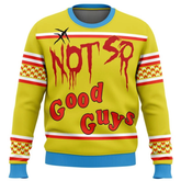 Yellow sweater with red text 'Not So Good Guys' on a white background