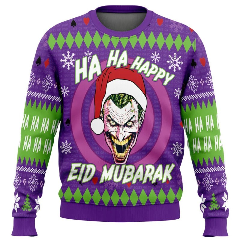 Purple sweater with Joker design and 'Happy Eid Mubarak' text on a white background