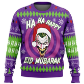 Purple sweater with Joker design and 'Happy Eid Mubarak' text on a white background