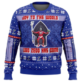 Ugly Christmas sweater with 'Joy to the World' and 'Lord Zedd Has Come' text, featuring a character design.