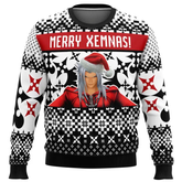 Sweater with a character wearing a Santa hat and 'Merry Xemnas!' text on a checkered pattern.