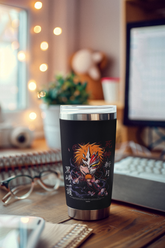 a coffee cup sitting on top of a wooden desk