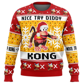 Ugly Christmas sweater with cartoon character and text on a white background