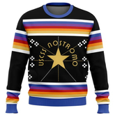 Sweater with colorful stripes and 'Nostromo' design on a white background