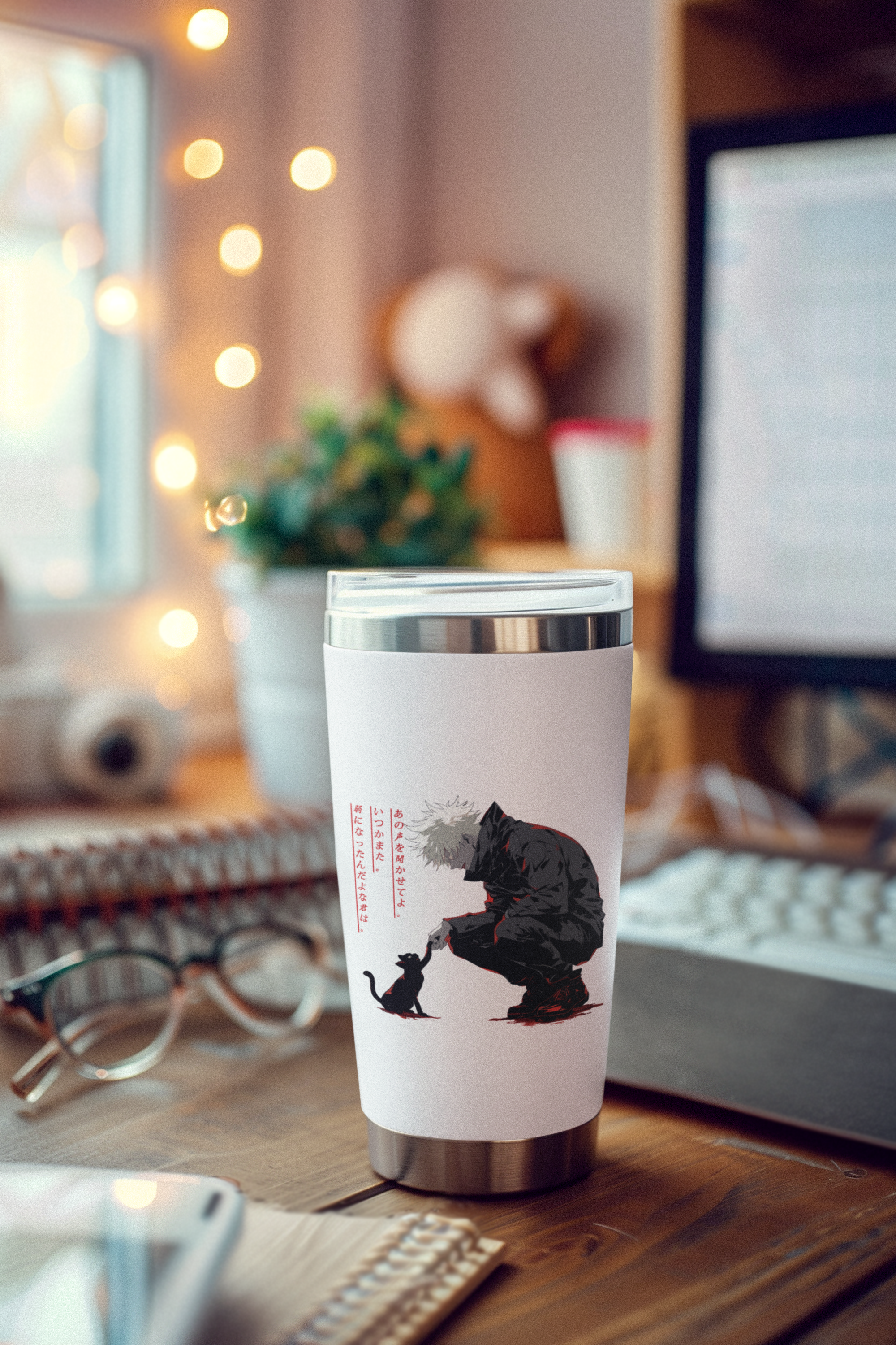 a cup sitting on top of a wooden desk