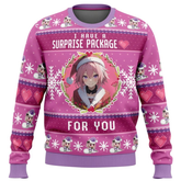 Pink sweater with anime character and text 'I have a surprise package for you' on a white background