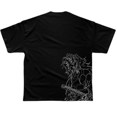 a black t - shirt with a white drawing of a person playing a guitar
