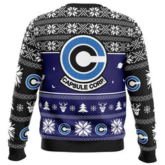 Ugly sweater with Capsule Corp logo and pattern on a white background