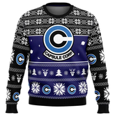 Ugly Christmas sweater with Capsule Corp logo and winter patterns on a white background