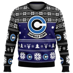 Ugly Christmas sweater with Capsule Corp logo and winter patterns on a white background