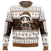 Christmas-themed sweater with a character design on a white background