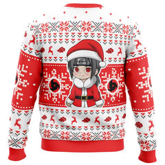 Christmas-themed sweater with a character design on a white background