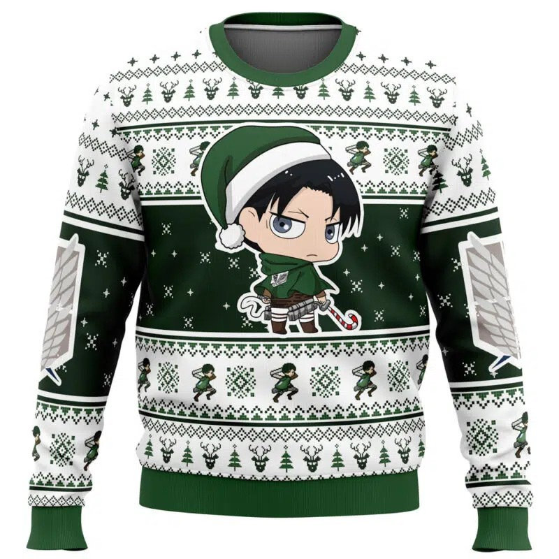 Green and white sweater with anime character and festive patterns on a white background