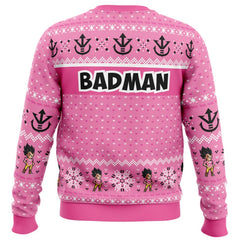Pink sweater with 'BAD MAN' text and character illustrations on a white background