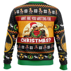 Ugly Christmas sweater with a graphic design and text on a white background