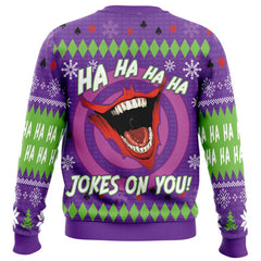 Ugly Christmas sweater with a cartoon character and text on a purple background