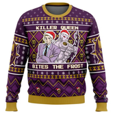 Purple sweater with graphic design of a woman and robot, text 'Killer Queen Bites The Frost', on a white background