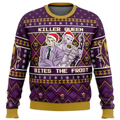 Purple sweater with graphic design of a woman and robot, text 'Killer Queen Bites The Frost', on a white background