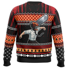 Sweater with a graphic design of a person with a chainsaw for a head on a checkered background.