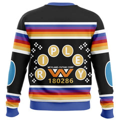 Sweater with colorful design and text on a white background