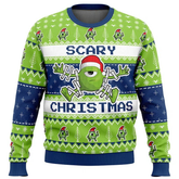 Ugly Christmas sweater with green and blue design featuring a character and text.