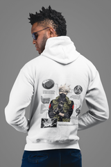 a man wearing a white hoodie with a graphic on it