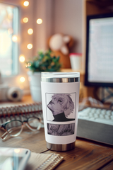 a cup sitting on top of a wooden desk