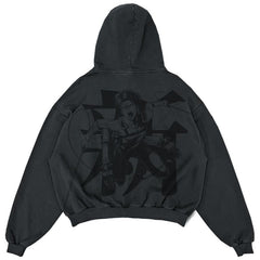 a black hoodie with a picture of a woman on it