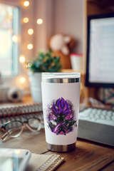 a coffee cup sitting on top of a wooden desk