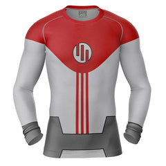 Red and gray athletic shirt with a logo on a white background, Viltrumite