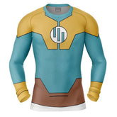 Superhero costume with yellow and blue design on a white background, Viltrumite