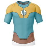 Superhero costume shirt with yellow, blue, and brown design on a white background, Viltrumite