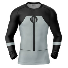 Black and gray long-sleeve athletic shirt with a logo on a white background, Viltrumite Black Invincible