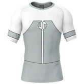 Gray and white athletic shirt with a unique design on a white background, Viltrumite Invincible Short Sleeve Rash Guard
