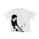 a white t - shirt with a black and white drawing of a girl on a