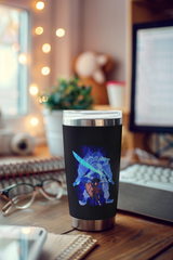 a cup sitting on top of a wooden desk