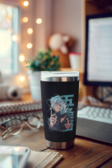 a coffee cup sitting on top of a wooden desk