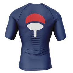 Otakuri Naruto Uchiha Clan short sleeve compression rash guard in navy blue with red and white fan crest- back