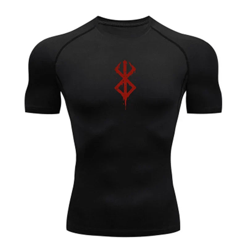 a black shirt with a red design on the chest