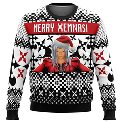 Sweater with a character wearing a Santa hat and 'Merry Xemnas!' text on a checkered pattern.