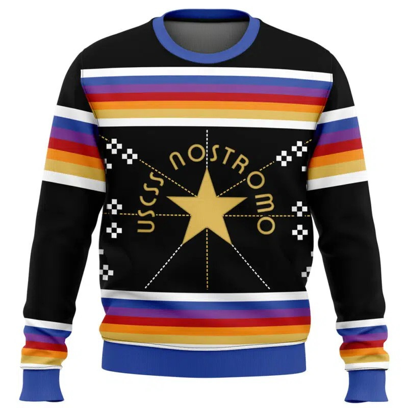 Sweater with colorful stripes and 'Nostromo' design on a white background