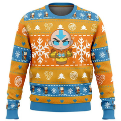 Ugly Christmas sweater with character design and snowflakes on an orange and blue background