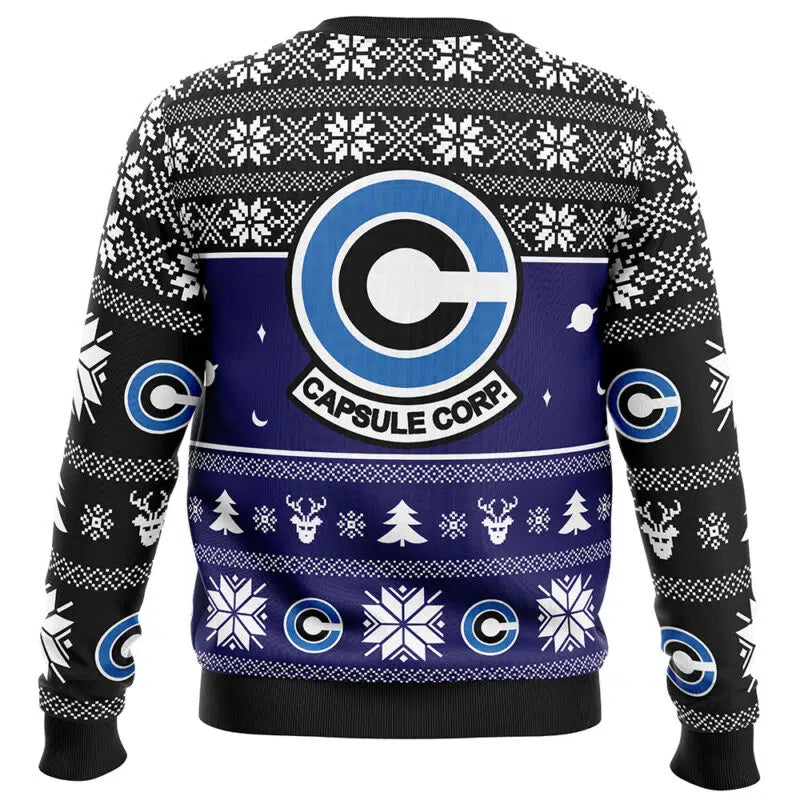 Ugly sweater with Capsule Corp logo and pattern on a white background