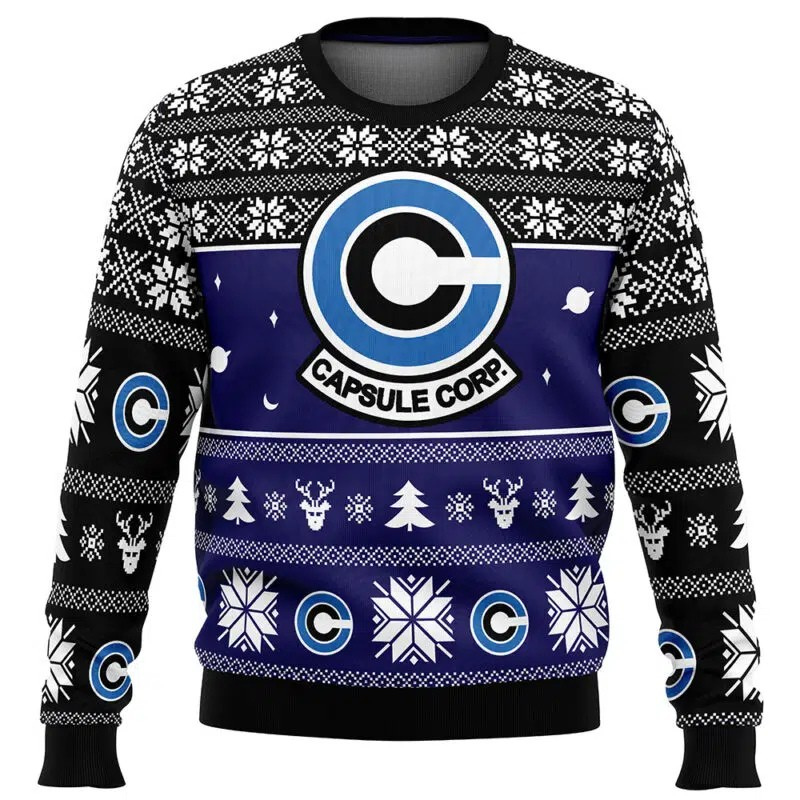 Ugly Christmas sweater with Capsule Corp logo and winter patterns on a white background