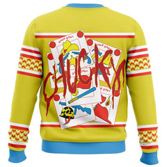 Colorful sweater with graphic design on a white background