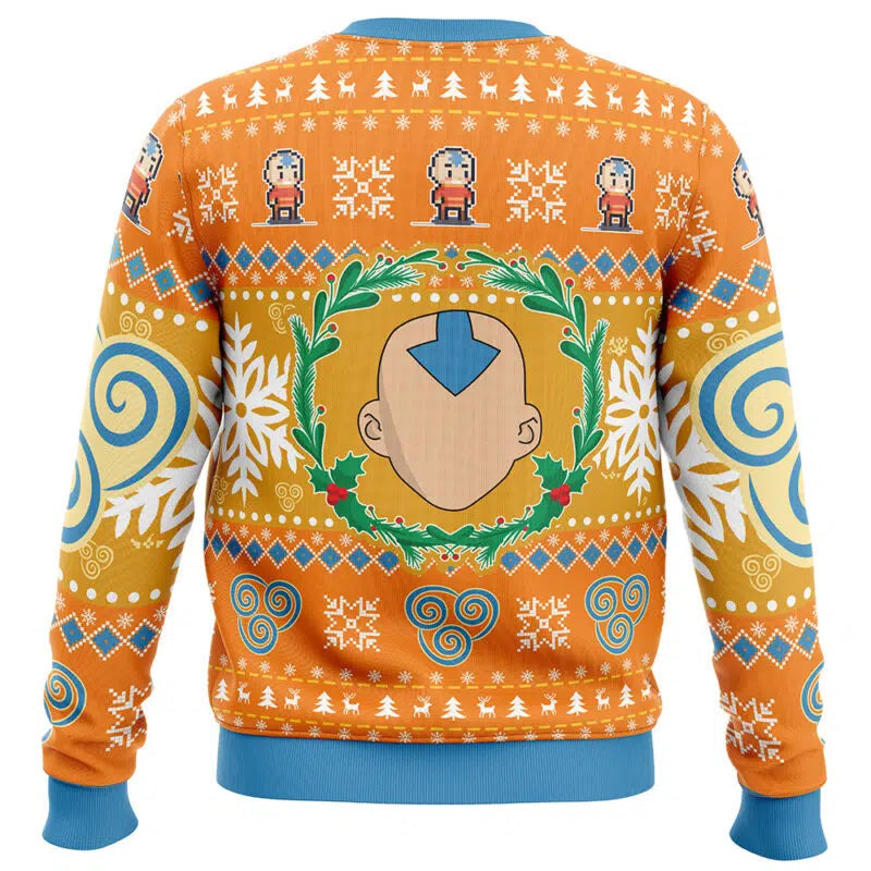Colorful sweater with a cartoon character design on an orange background