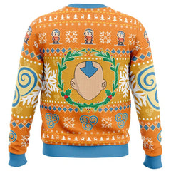Colorful sweater with a cartoon character design on an orange background