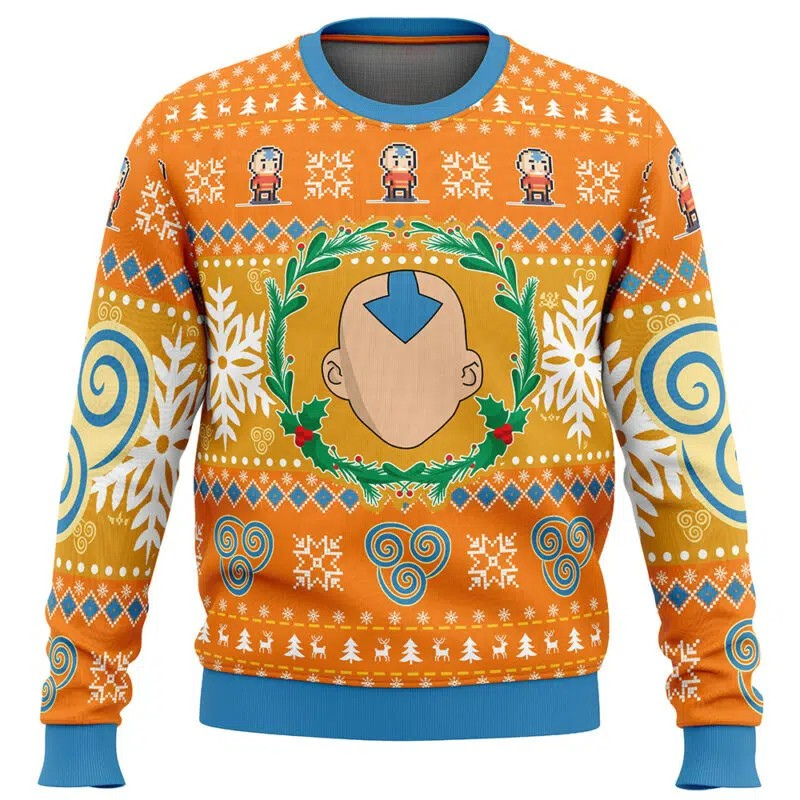 Orange sweater with festive design featuring a character's face and winter elements on a white background